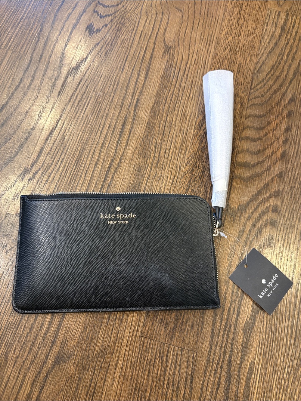 kate spade Black Leather Zip Wristlet with Gold Logo